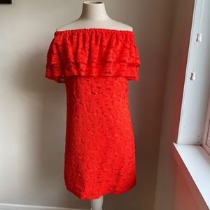 Trina Turk size xs orange lace off shoulder dress.